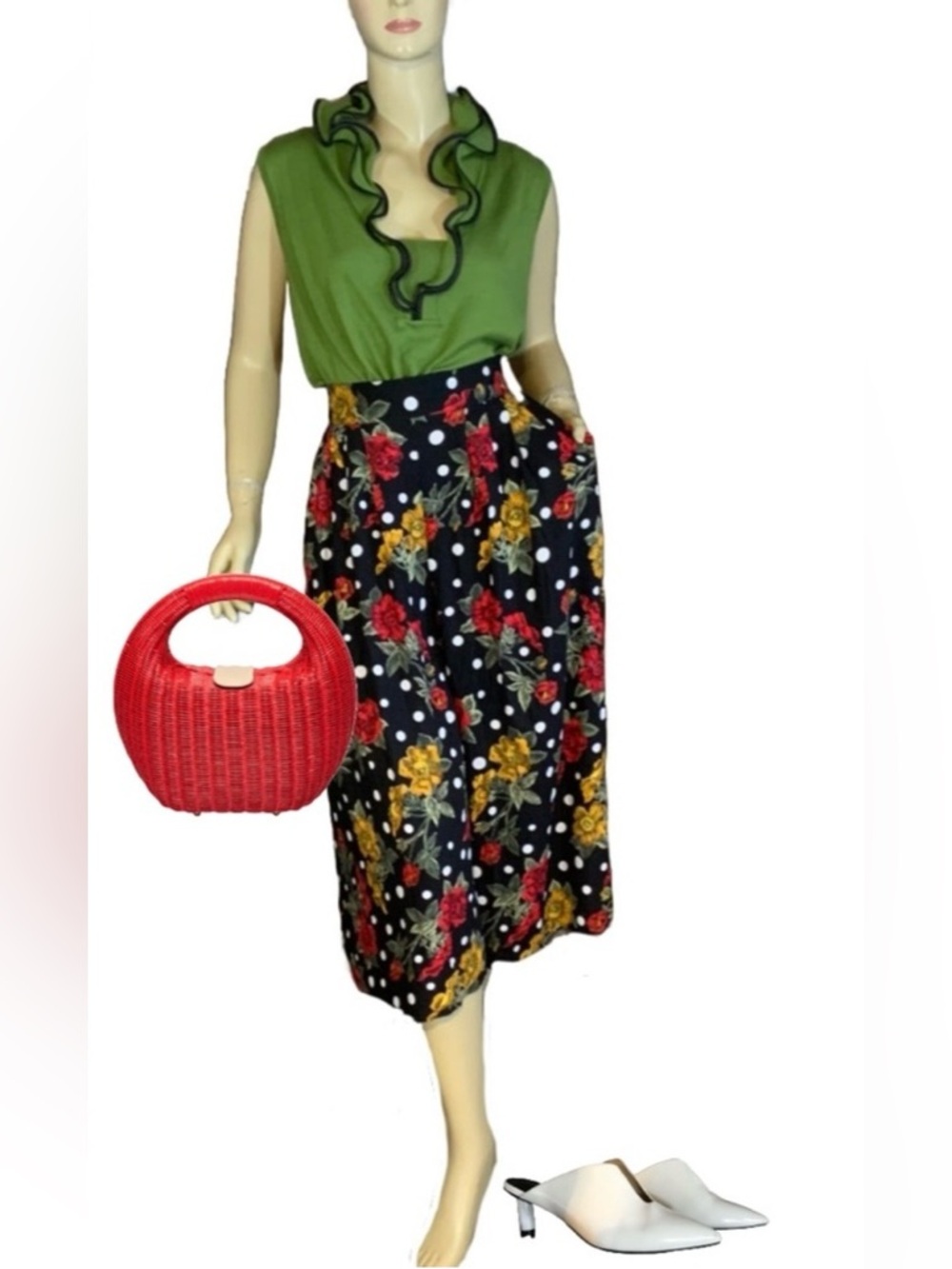 NORTON MCNAUGHTON VINTAGE 1990'S BLACK, RED & GREEN POLKA DOT GAUCHO PANTS (12)